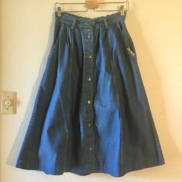 VTG Cherokee Medium Wash Demim Skirt Jeans Skirt Size 10 Smocked Stretch Pockets - Picture 1 of 8